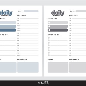 May include: A printable daily planner with two pages. The pages are white with gray lines and a blue header that says "daily planner". The left page has a section for priorities, other to-dos, notes, and tomorrow. The right page has a section for priorities, other to-dos, notes, and tomorrow.