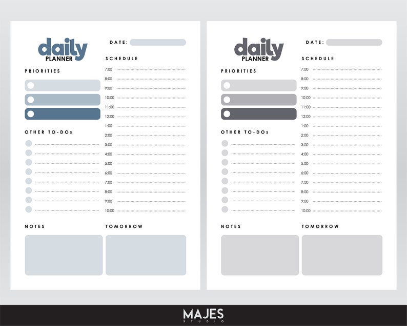 May include: A printable daily planner with two pages. The pages are white with gray lines and a blue header that says "daily planner". The left page has a section for priorities, other to-dos, notes, and tomorrow. The right page has a section for priorities, other to-dos, notes, and tomorrow.