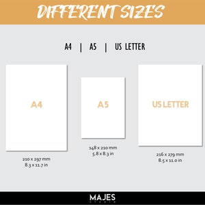 May include: An image showing three paper sizes: A4 (210 x 297 mm), A5 (148 x 210 mm), and US Letter (216 x 279 mm). The text "DIFFERENT SIZES" is at the top. The brand name "MAJES STUDIO" is at the bottom.