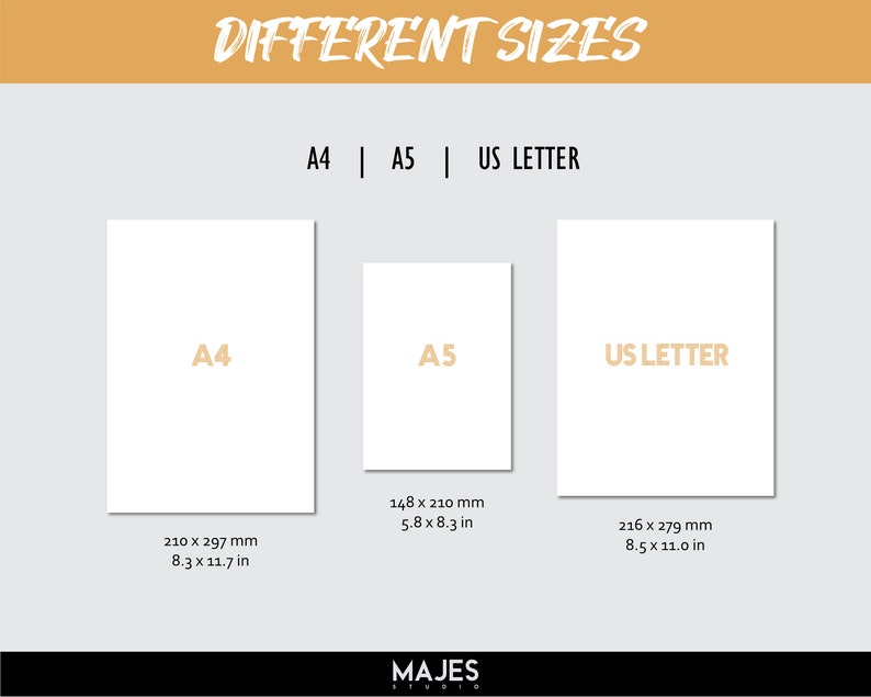 May include: An image showing three paper sizes: A4 (210 x 297 mm), A5 (148 x 210 mm), and US Letter (216 x 279 mm). The text "DIFFERENT SIZES" is at the top. The brand name "MAJES STUDIO" is at the bottom.