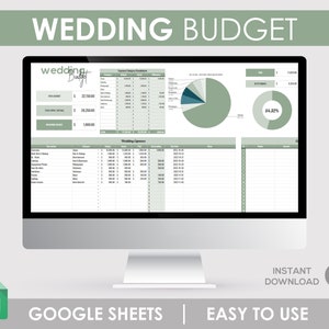 Può includere: Uno schermo di computer che mostra un foglio di calcolo di Google Sheets per la pianificazione del budget di un matrimonio. Il foglio di calcolo include sezioni per il budget totale, le spese e un grafico a torta che mostra la ripartizione delle spese. Il testo "wedding budget" è visualizzato in una casella verde nella parte superiore dello schermo.