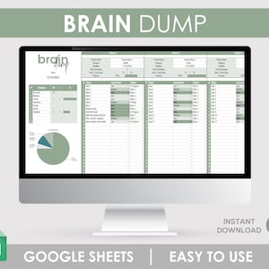 Könnte beinhalten: Ein Computerbildschirm zeigt eine Google Sheets-Tabelle mit dem Titel "Brain Dump" in einem grün-blauen Farbschema. Die Tabelle enthält einen Bereich für Projektideen, einen Bereich für die Projektplanung und ein Kreisdiagramm.