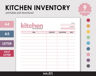 May include: Printable kitchen inventory list with columns for item, quantity, use before, and used. The list is designed in a pink and white color scheme with the word "kitchen" in pink at the top. The list is available in 9 colors.