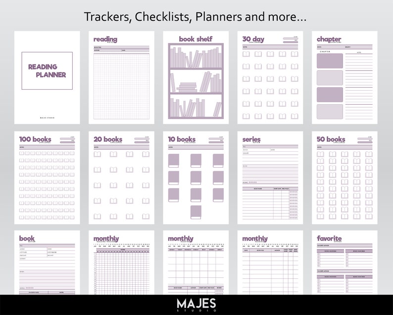 Pu&ograve; includere: Un planner di lettura stampabile con una variet&agrave; di tracker e checklist. Il planner include sezioni per 100 libri, 20 libri, 10 libri, serie, 50 libri, libro, mensile, preferito, lettura, libreria, 30 giorni e capitolo.