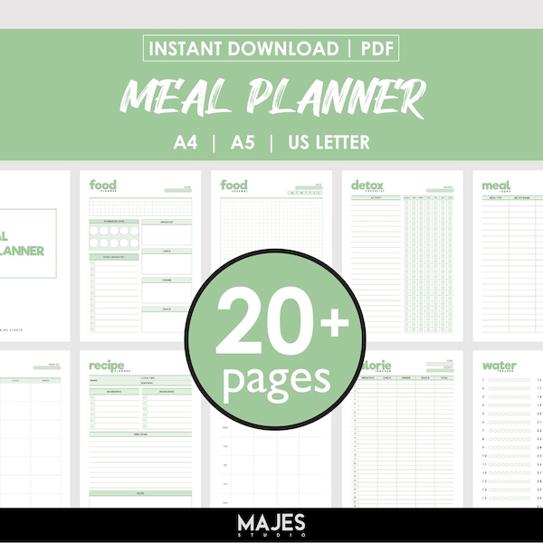 Mahlzeitenplaner, Digitaler Planer, Menüorganizer, Ernährungstagebuch, gesunde Ernährung, druckbare Mahlzeit, Diät-Tracker, Rezeptbuch, Kochplaner
