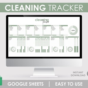 Op de afbeelding: Een computerscherm waarop een Google Sheets-spreadsheet wordt weergegeven met de titel "Cleaning Tracker". De spreadsheet is een afdrukbare schoonmaakchecklist met secties voor dagelijkse, wekelijkse en maandelijkse taken. De spreadsheet bevat ook grafieken om de voortgang van de schoonmaak te volgen.