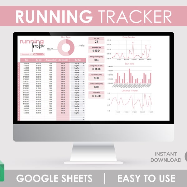 Journal de course à pied : feuille de calcul fitness pour la vitesse et la distance | Enregistreur d'entraînement Google Sheet | Moniteur de performance pour les athlètes et les marathons