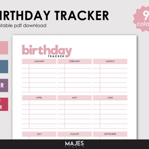 Könnte beinhalten: Ein druckbarer Geburtstagstracker mit einem rosa-weißen Farbschema. Der Tracker ist in 12 Monate unterteilt, mit Platz zum Eintragen von Namen und Daten. Der Text "birthday tracker" ist oben auf der Seite in rosa geschrieben.