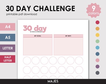 Könnte beinhalten: Druckbarer 30-Tage-Challenge-Tracker mit 9 Farboptionen. Der Tracker enthält Abschnitte für die Zielsetzung, einen "Warum"-Abschnitt und 30 Kreise, um den Fortschritt zu markieren.