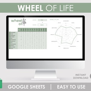 Könnte beinhalten: Ein Computerbildschirm zeigt eine Google Sheet mit einem Lebensrad-Diagramm. Das Diagramm ist eine visuelle Darstellung verschiedener Lebensbereiche, wie z. B. Gesundheit, Beziehungen und Karriere. Die Tabelle ist mit "Lebensrad" betitelt und steht zum sofortigen Download bereit. Der Text "Google Sheets | Einfach zu bedienen" wird unter dem Bildschirm angezeigt.