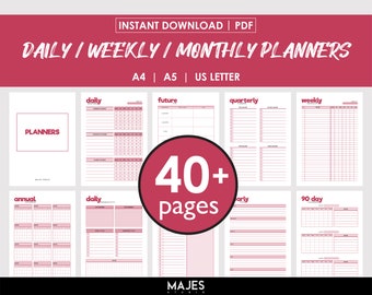 May include: A collection of printable planner pages in pink and white, including daily, weekly, monthly, and annual layouts. The image features the text "INSTANT DOWNLOAD | PDF" and "DAILY / WEEKLY / MONTHLY PLANNERS". The planners are available in A4, A5, and US Letter sizes.