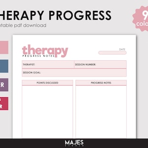 May include: A printable PDF download titled "THERAPY PROGRESS" with a pink and white design. The document includes sections for therapist, session goal, points discussed, and progress notes. It offers nine color options and is available in A4, A5, Letter, and Half Letter sizes.