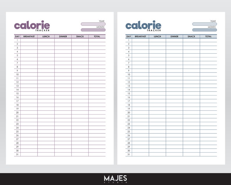 May include: A printable calorie tracker with two pages. The left page is purple and the right page is blue. Each page has a table with columns for day, breakfast, lunch, dinner, snack, and total. The table has 31 rows for each day of the month.
