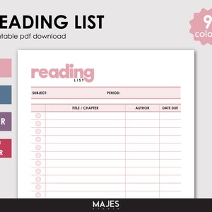 Reading List Planner, Reading List, Editable List, Printable Pdf, Download Pdf, Reading Tracker, Book List, Blank Reading List, Love Books