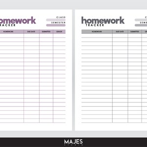 May include: Two homework tracker sheets with a white background. The first sheet has purple accents and the text "homework tracker" in purple. The second sheet has gray accents and the same text in gray. Both sheets have columns for homework, due date, submitted, and grade.