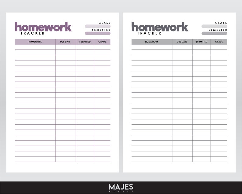 May include: Two homework tracker sheets with a white background. The first sheet has purple accents and the text "homework tracker" in purple. The second sheet has gray accents and the same text in gray. Both sheets have columns for homework, due date, submitted, and grade.