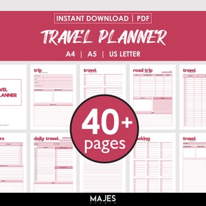 Peut inclure: Un planificateur de voyage imprimable avec plus de 40 pages aux formats A4, A5 et US Letter. Le planificateur comprend des sections pour les détails du voyage, les listes de colisage, les plans de voyage quotidiens, les souvenirs et les itinéraires de voyage en voiture. Le planificateur est conçu avec un schéma de couleurs rose et blanc.