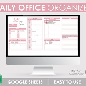 Könnte beinhalten: Eine rosa-weiße tägliche Büro-Organizer-Vorlage für Google Sheets. Die Vorlage enthält Abschnitte für To-Do-Listen, einen Tagesplan, Anrufe, E-Mails, Notizen und Erinnerungen für morgen. Die Vorlage ist einfach zu bedienen und kann sofort heruntergeladen werden.