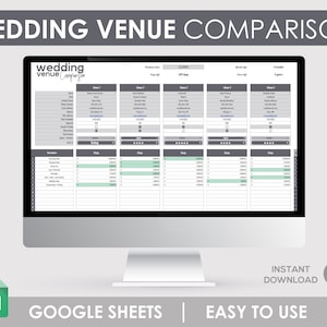 May include: A computer screen displaying a Google Sheet spreadsheet titled "Wedding Venue Comparison". The spreadsheet is designed to help compare different wedding venues. The spreadsheet includes columns for venue name, contact information, capacity, pricing, and other important details.