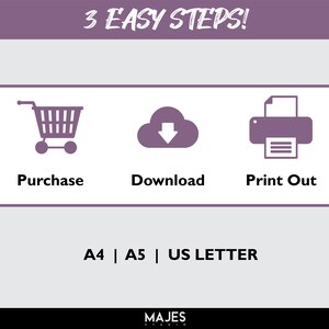 Pu&ograve; includere: Una grafica che mostra i tre passaggi per acquistare un file stampabile: acquistare, scaricare e stampare. La grafica include icone per un carrello della spesa, una nuvola con una freccia di download e una stampante. Il testo "A4 | A5 | US LETTER" si trova sotto le icone.