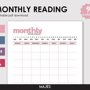 May include: Printable monthly reading log with a pink and white color scheme. The log has a calendar with the months of the year and days of the week. The text "monthly reading" is in pink.