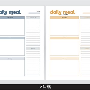 May include: A printable daily meal planner with two pages. The left page is blue and the right page is orange. Each page has sections for breakfast, lunch, dinner, and snacks. There is a space for a grocery list and a date.