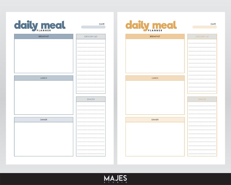May include: A printable daily meal planner with two pages. The left page is blue and the right page is orange. Each page has sections for breakfast, lunch, dinner, and snacks. There is a space for a grocery list and a date.