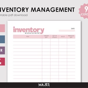 Pode incluir: Um modelo PDF imprim&iacute;vel de gerenciamento de estoque com um design rosa e branco. O documento inclui campos para item, quantidade alvo, quantidade em estoque, vendido e quantidade de reabastecimento. O texto "Inventory Management" &eacute; exibido no topo.