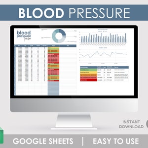 May include: A computer screen displaying a Google Sheet spreadsheet with a blood pressure tracker. The spreadsheet includes columns for date, time, systolic, diastolic, heart rate, and category. The spreadsheet also includes a chart showing blood pressure readings over time. The text "BLOOD PRESSURE" is displayed at the top of the screen.