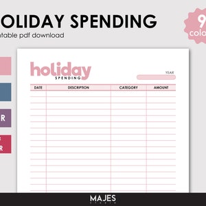 Op de afbeelding: Een printbare vakantie-uitgaven tracker met een roze en wit kleurenschema. De tracker heeft kolommen voor datum, beschrijving, categorie en bedrag. De titel van de tracker is "holiday spending".