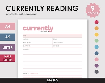 Reading Tracker Printable, Book Log, 9 Colors (Digital Download)