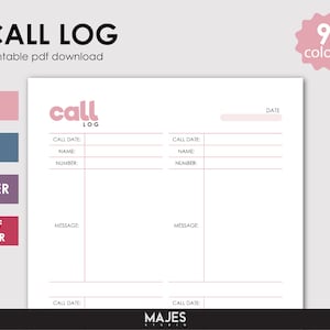 May include: Printable call log template with a pink and white colour scheme. The template has sections for call date, name, number, and message. The template is labelled "Call Log" and "Printable PDF Download".