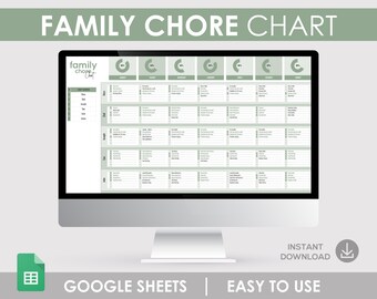 May include: A digital family chore chart displayed on a computer monitor. The chart is light green and white, with sections for each day of the week and individual family members. Text includes "Family Chore Chart", "Google Sheets", and "Easy to Use".