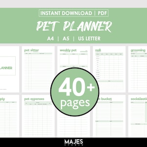 May include: A printable pet planner with 40+ pages. The planner includes sections for pet sitter, weekly pet, nail, grooming, pet supply, pet expenses, treat bucket, and socialization. The planner is available in A4, A5, and US Letter sizes.