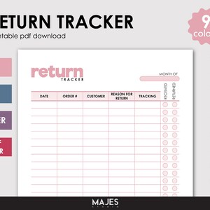 Puede incluir: Un rastreador de devoluciones imprimible con columnas para la fecha, el número de pedido, el cliente, la razón de la devolución, el seguimiento, la recepción y la devolución. El rastreador está diseñado en un esquema de color rosa y blanco con la palabra "return" en un cuadro rosa en la parte superior.