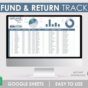 Puede incluir: Una pantalla de ordenador que muestra una hoja de cálculo de Google Sheets con un rastreador de reembolsos y devoluciones. La hoja de cálculo incluye columnas para el ID del pedido, el nombre del cliente, el nombre del producto, la fecha de compra, la fecha de devolución, la razón, el importe del reembolso, el método de reembolso, el estado del reembolso y las notas. La hoja de cálculo también incluye gráficos que muestran el número total de reembolsos, la razón de los reembolsos y el método de reembolso utilizado.