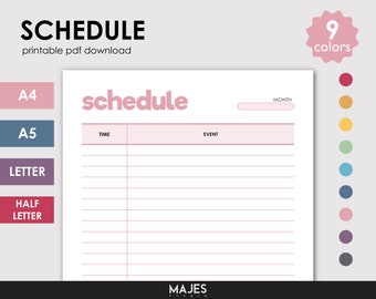 Event Schedule Template, Printable Planner, 9 Colors (PDF Download)