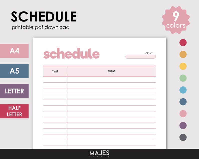 Event Schedule Template, Printable Planner, 9 Colors (PDF Download) - Etsy