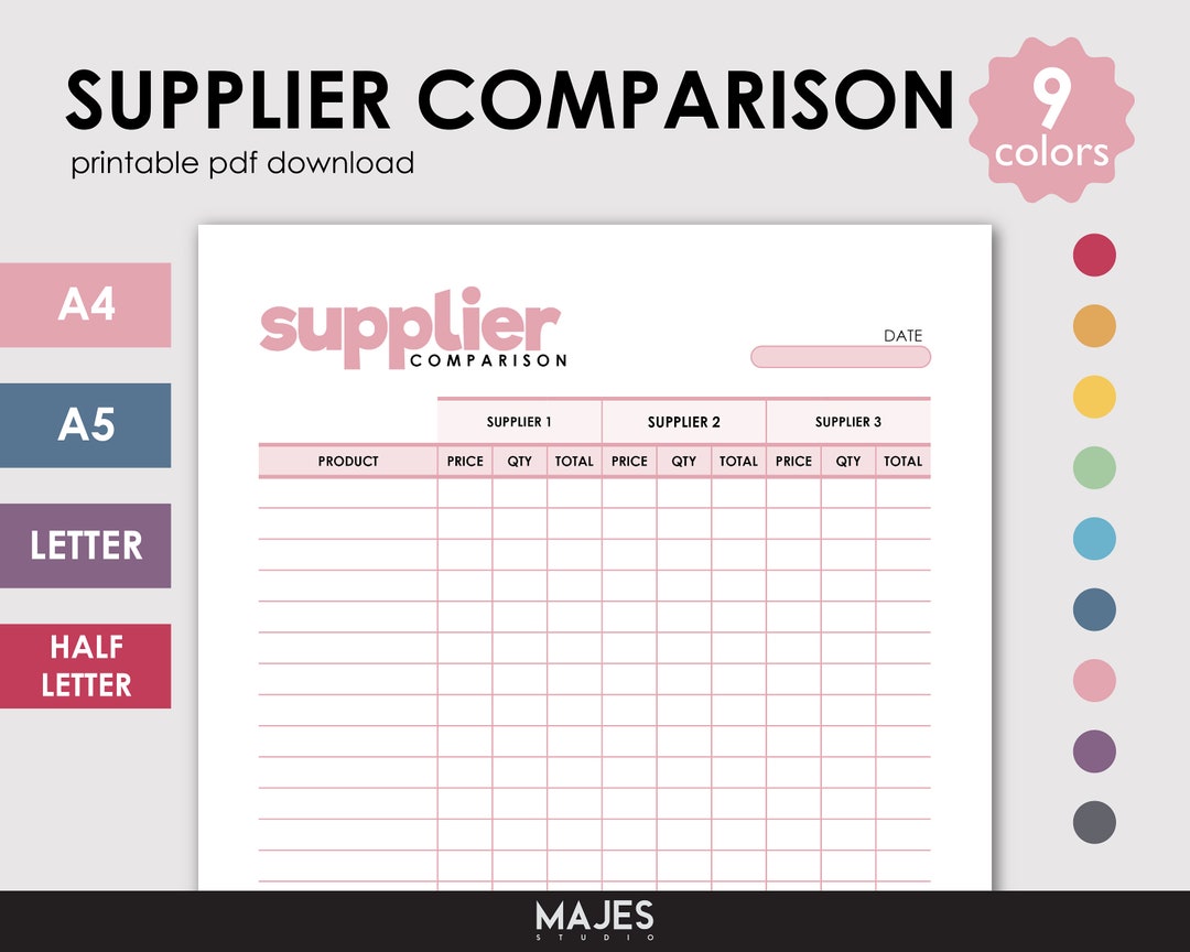 Supplier Comparison Printable, Vendor List Template (digital Download ...
