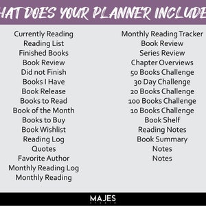 Pu&ograve; includere: Un grafico rosa e bianco con il testo "What does your planner include?" e un elenco di elementi da includere in un planner di lettura. L'elenco include elementi come "Currently Reading", "Reading List", "Finished Books", "Book Review", "Did not Finish", "Books I Have", "Book Release", "Books to Read", "Book of the Month", "Books to Buy", "Book Wishlist", "Reading Log", "Quotes", "Favorite Author", "Monthly Reading Log", "Monthly Reading", "Monthly Reading Tracker", "Book Review", "Series Review", "Chapter Overviews", "50 Books Challenge", "30 Day Challenge", "20 Books Challenge", "100 Books Challenge", "10 Books Challenge", "Book Shelf", "Reading Notes", "Book Summary", "Notes", "Notes".