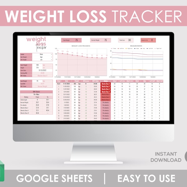 Weight Loss Tracker, Weight Loss Progress, Body Measurements, Microsoft Excel, Google Spreadsheet, Google Sheets, Excel Tracker, Weight