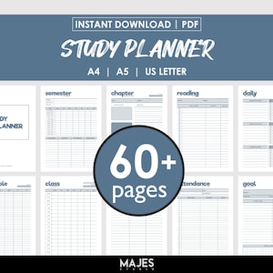 May include: A printable study planner with 60+ pages in A4, A5, and US Letter sizes. The planner includes sections for semester, chapter, reading, daily, timetable, class, attendance, and goals.