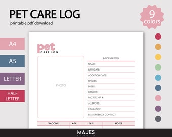 Pet Care Log, Animal Planner, Medication Tracker (Digital Download)