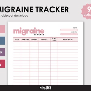 Op de afbeelding: Printbare migraine tracker in roze en wit met koppen voor datum, starttijd, eindtijd, trigger, schaal (1-10) en medicatie. De tracker heeft bovenaan ruimte voor jaar en maand.