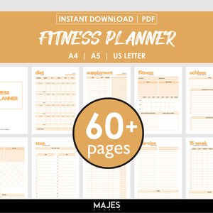 May include: A digital fitness planner in white and orange. The cover displays "Fitness Planner" and the pages include sections for diet, supplements, fitness, and exercise. Available in A4, A5, and US Letter sizes, with over 60 pages.