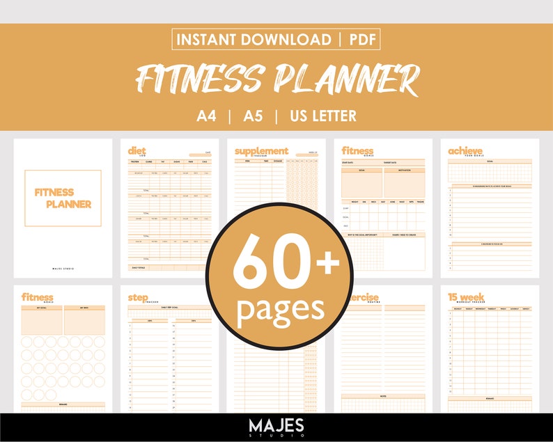 May include: A digital fitness planner in white and orange. The cover displays "Fitness Planner" and the pages include sections for diet, supplements, fitness, and exercise. Available in A4, A5, and US Letter sizes, with over 60 pages.
