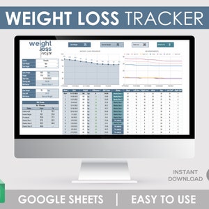 May include: A computer screen displaying a Google Sheets spreadsheet titled "Weight Loss Tracker". The spreadsheet includes a chart showing weight loss progress, a table with measurements, and a section for BMI status.