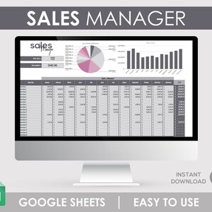 Może przedstawiać: Ekran komputera wyświetlający arkusz kalkulacyjny Google Sheets z pulpitem nawigacyjnym menedżera sprzedaży. Pulpit nawigacyjny zawiera wykres kołowy, wykres słupkowy i tabelę z danymi dla każdego miesiąca roku. Tekst "SALES MANAGER" jest wyświetlany u góry ekranu.