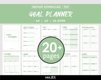 May include: A green and white printable goal planner with the text "GOAL PLANNER" and "20+ pages". The planner includes sections for short and long term goals, life goals, habits, wellness goals, monthly goals, quarterly goals, and more.