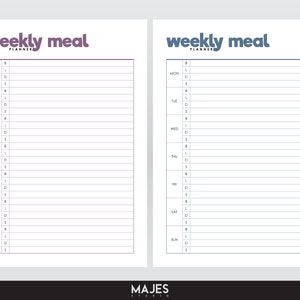 May include: Two printable weekly meal planner pages. The left page has a purple title and the right page has a blue title. Both pages have the days of the week listed with space for writing in meals.